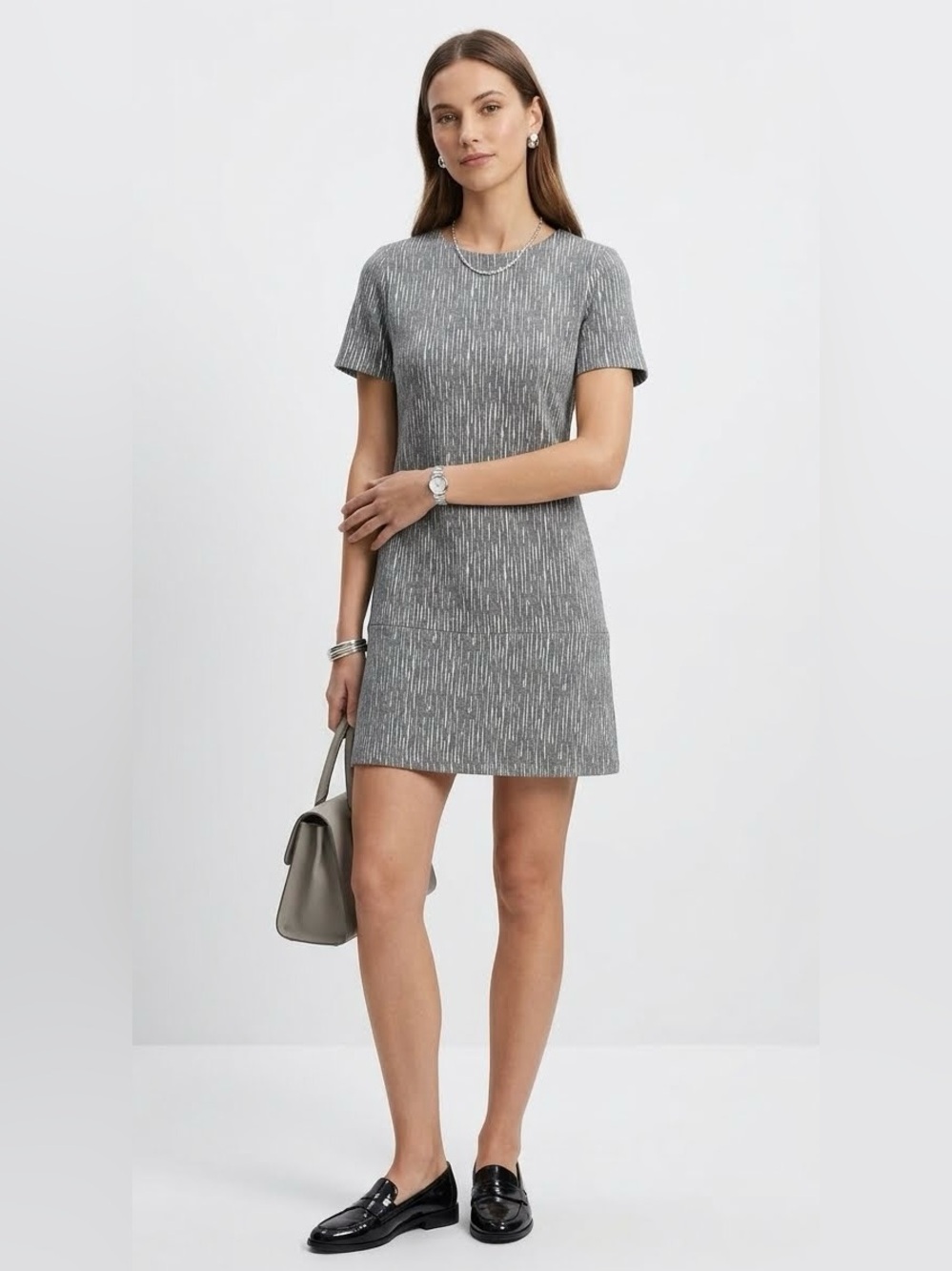Bishop + Young Gray Textured Shift Dress XS Quiet Luxury Mod Knit Crew